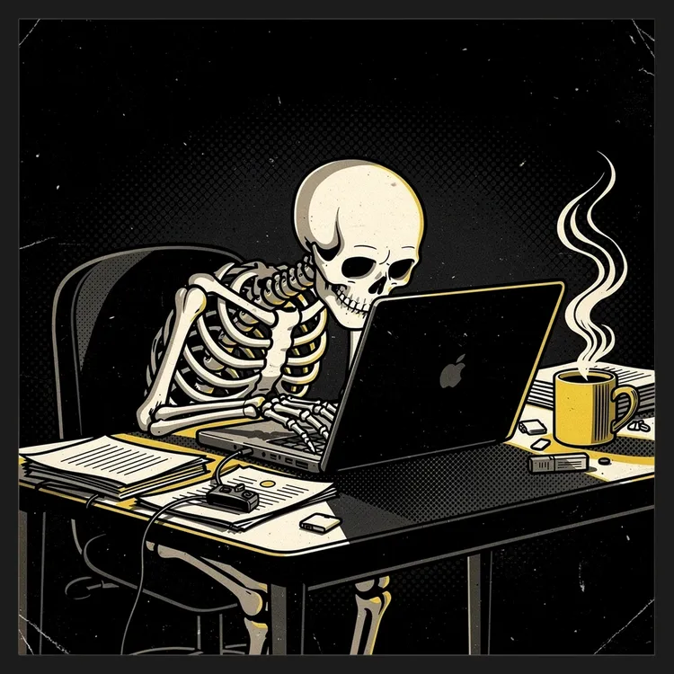 Still Working — Skeleton at the Desk